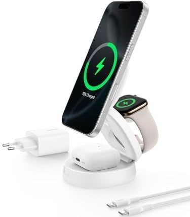 Belkin - MagSafe Compatible Lader - Wit - 3-in-1 Verstelbare Magnetische Laadstandaard - 15 W Draadloze Oplader