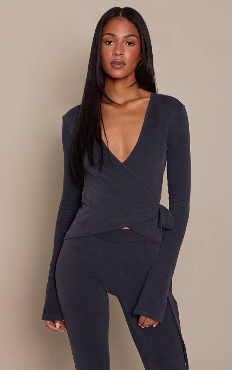 Bleu Marine Haut De Yoga Tall Plt En Coton Doux À Encolure Cache-cœur