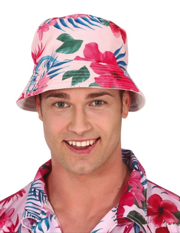 Bøttehatt med Hawaii-blomst og flamingotrykk for voksne.Size-One size