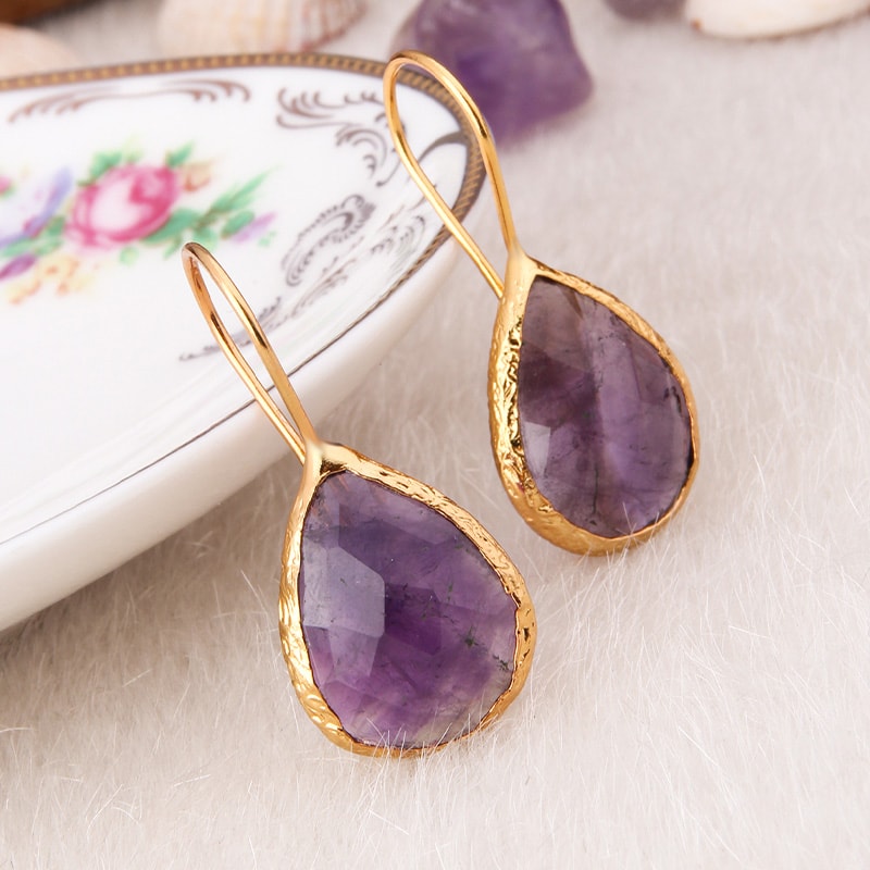 Boucles d'oreilles - Laiton plaqué or & améthyste