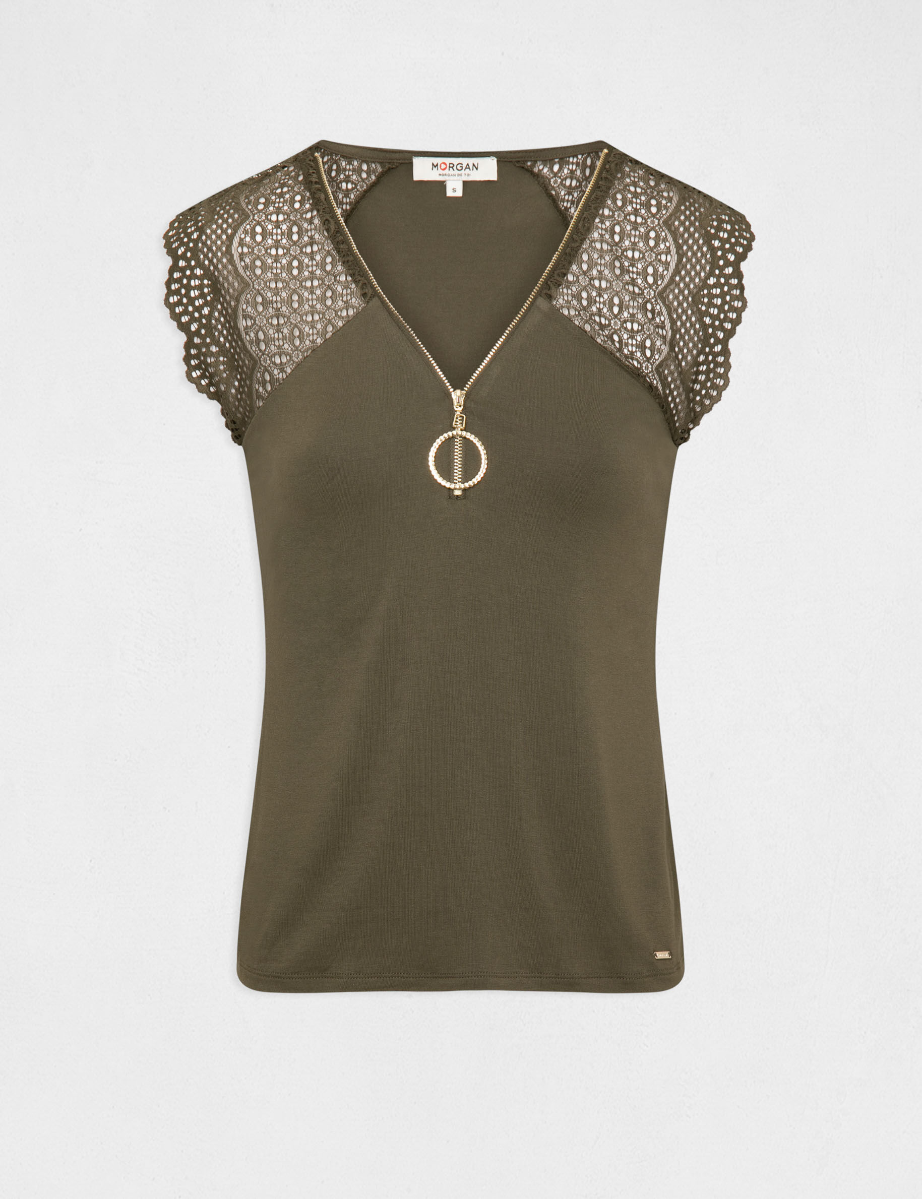 T-shirt manches courtes à dentelle vert kaki femme - vert_kaki