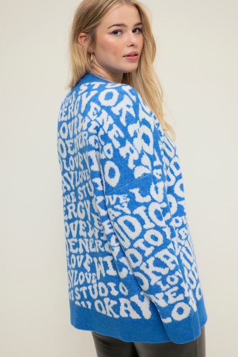 Pullover, oversized, Writing-Muster, Rundhals, Langarm