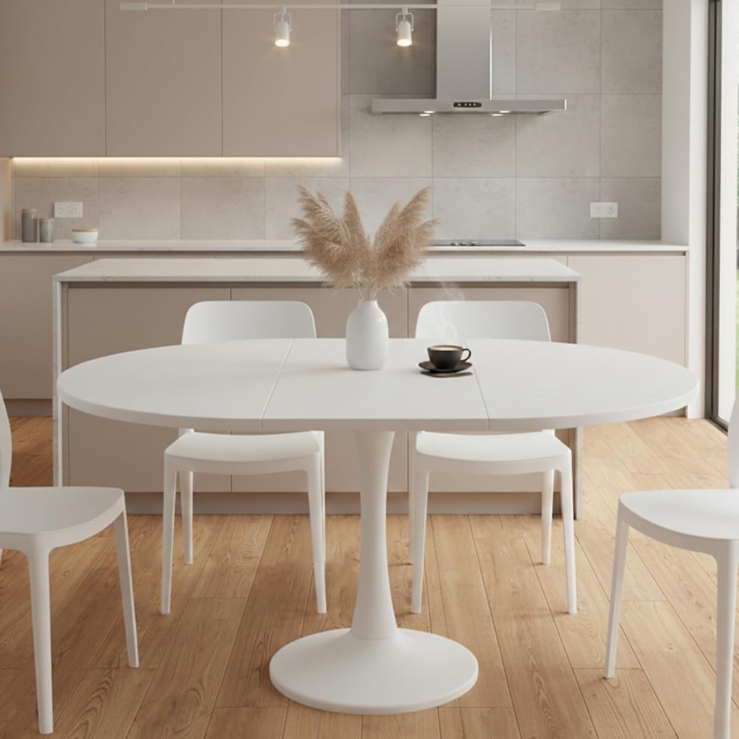 Runder Esstisch Ausziehbar, 100/140x100x75cm Elliptischer Esstisch Holztisch für 2-8 Personen, Kaffeetisch Tisch für Abendessen Wohnzimmer Esszimmer (Ganz weiß)