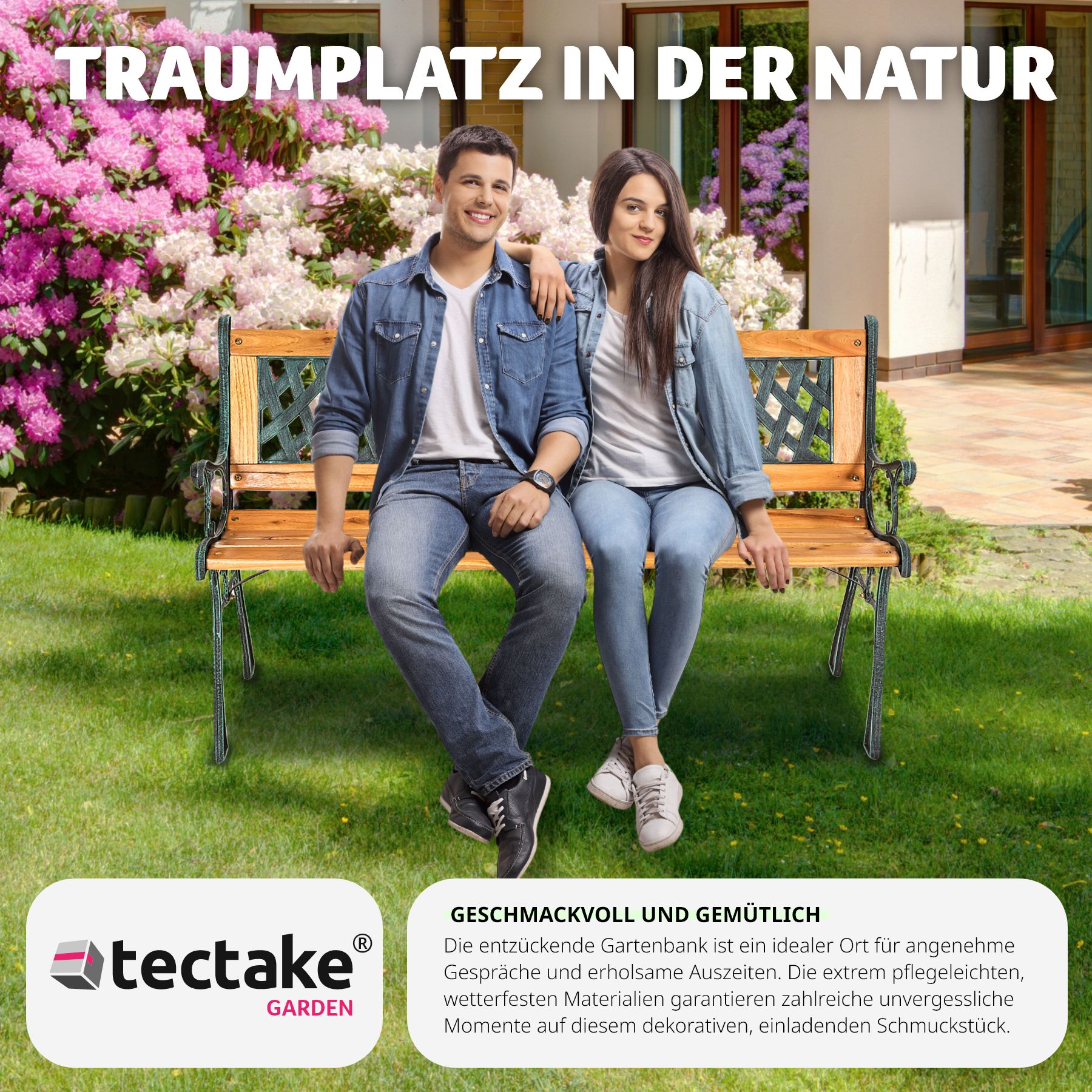 tectake® Gartenbank, 2-Sitzer, wetterfest, 128 x 51 x 73 cm