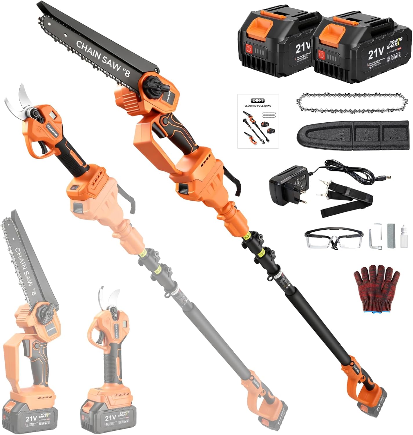 4-in-1 Akku-Hochentaster, 20cm Mini-Kettensäge & elektrische Gartenschere mit bürstenlosem Motor, automatischer Ölung 4,5 m Reichweite, 2 x 21V 3,0 Ah Akkus für Baumschnitt & Holzbearbeitung