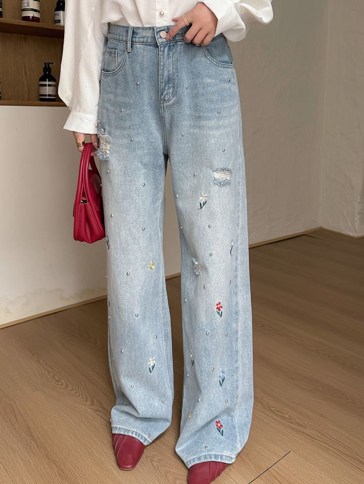 Ashteroid - Hoge taille, bloemenborduursel, gewassen gescheurde wijde pijpen jeans