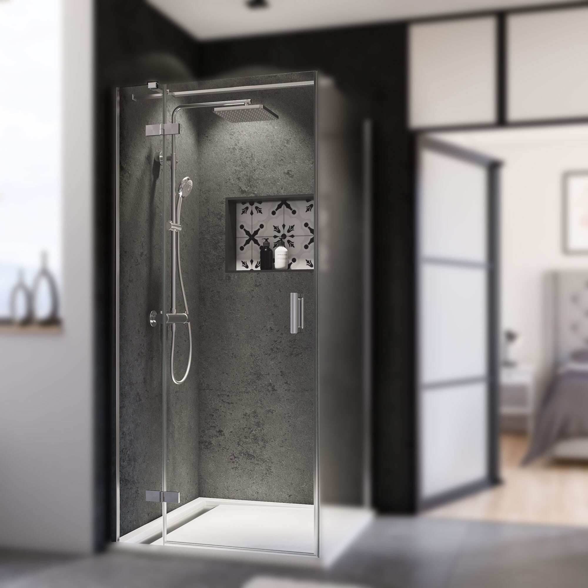 Breuer Panorama Drehtür + Festteil (Anschlag links) für Seitenwand alu chromeffekt Klarglas 900 mm