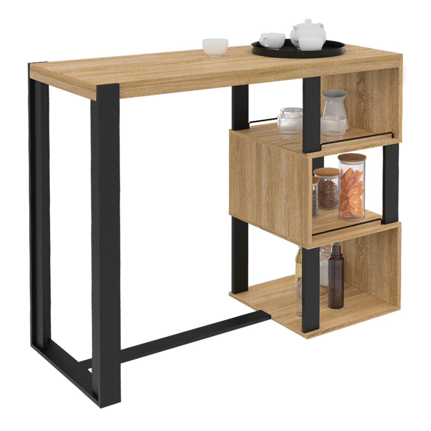 Table haute de bar bistrot avec rangements PHOENIX bois et noir