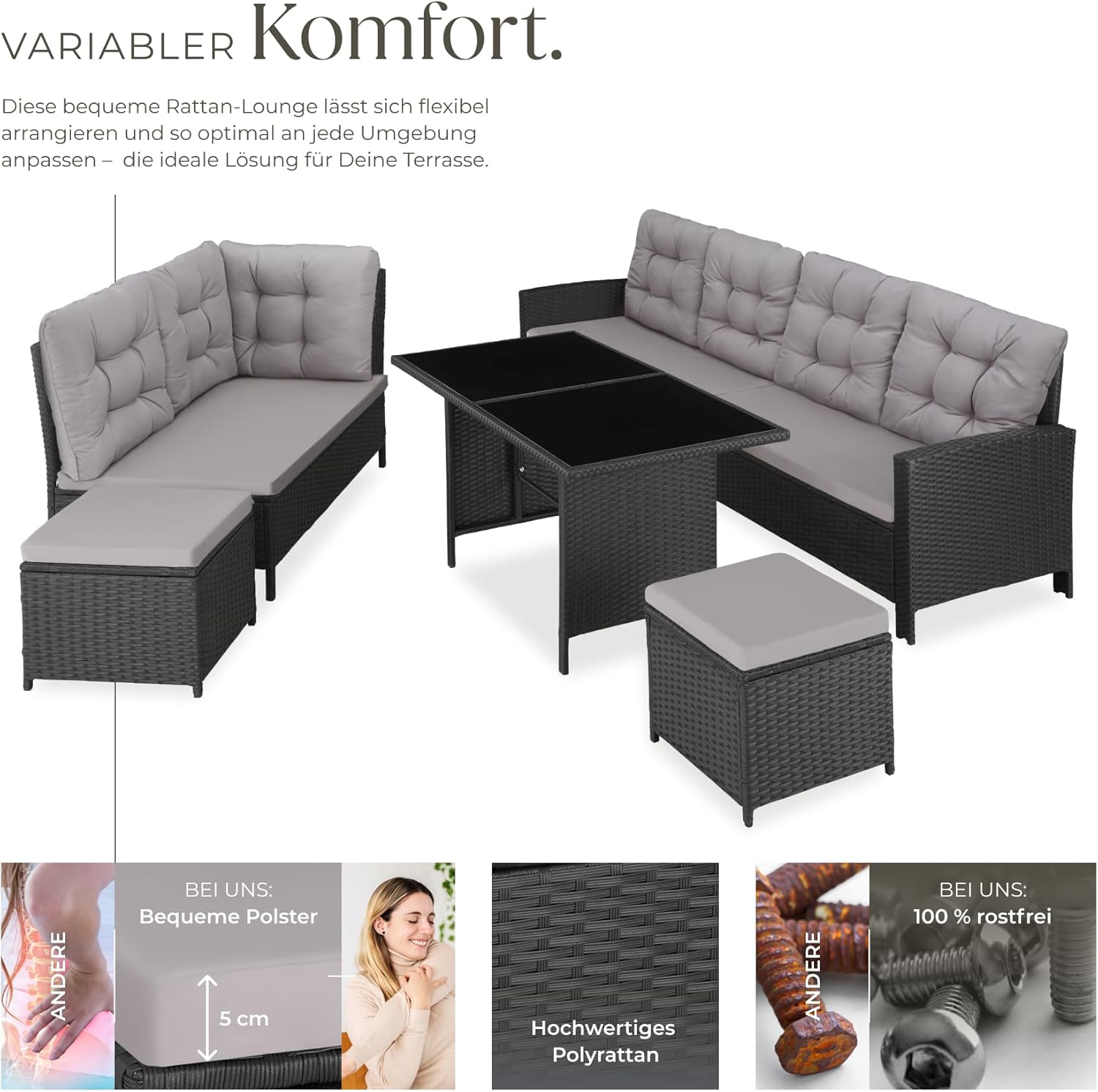 tectake Polyrattan Lounge Set, Gartenmöbel Set mit Sofa, Hocker + Tisch, Balkon Möbel Outdoor, 5-teilige Sitzgruppe, inkl. Sitz- & Rückenkissen, ideal für Garten, Terrasse, Balkon - schwarz