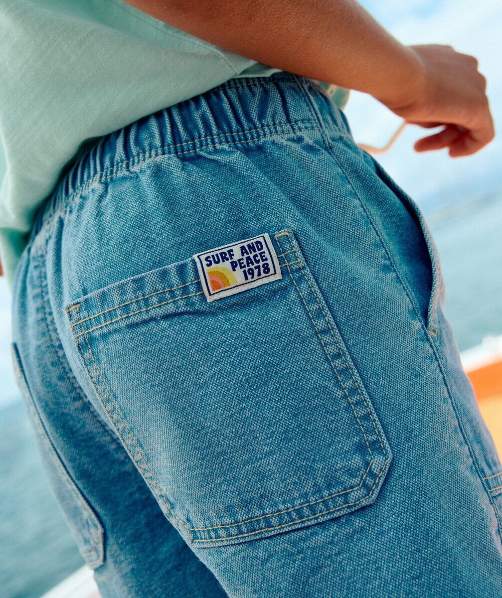 bermuda droit garçon en denim bleu low impact avec cordons et poches