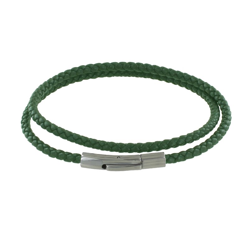Bracelet Femme Double Tour Cuir Tréssé Rond pour Poignet de 18cm - Vert