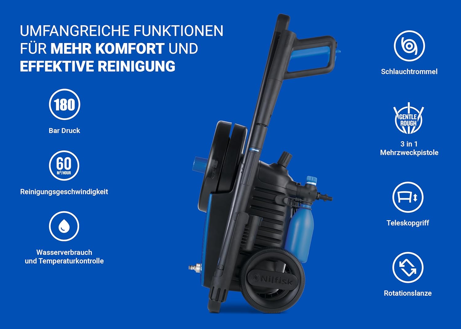 Nilfisk Hochdruckreiniger Excellent 180 Bar mit Smart Assitant - Pressure Washer Für Terrassen, Werkstätten und Autos (2800 W)