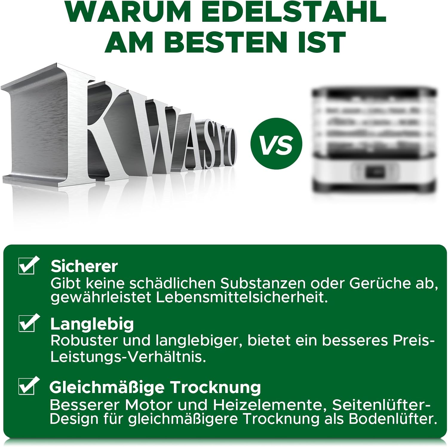 Kwasyo Dörrautomat Edelstahl 600W mit 8 Etagen, Profi Dörrgerät & Dörrautomaten Lebensmitteltrockner, Digitaler Timer, Temperaturregelung, Überhitzungsschutz, Rezeptbuch inklusive