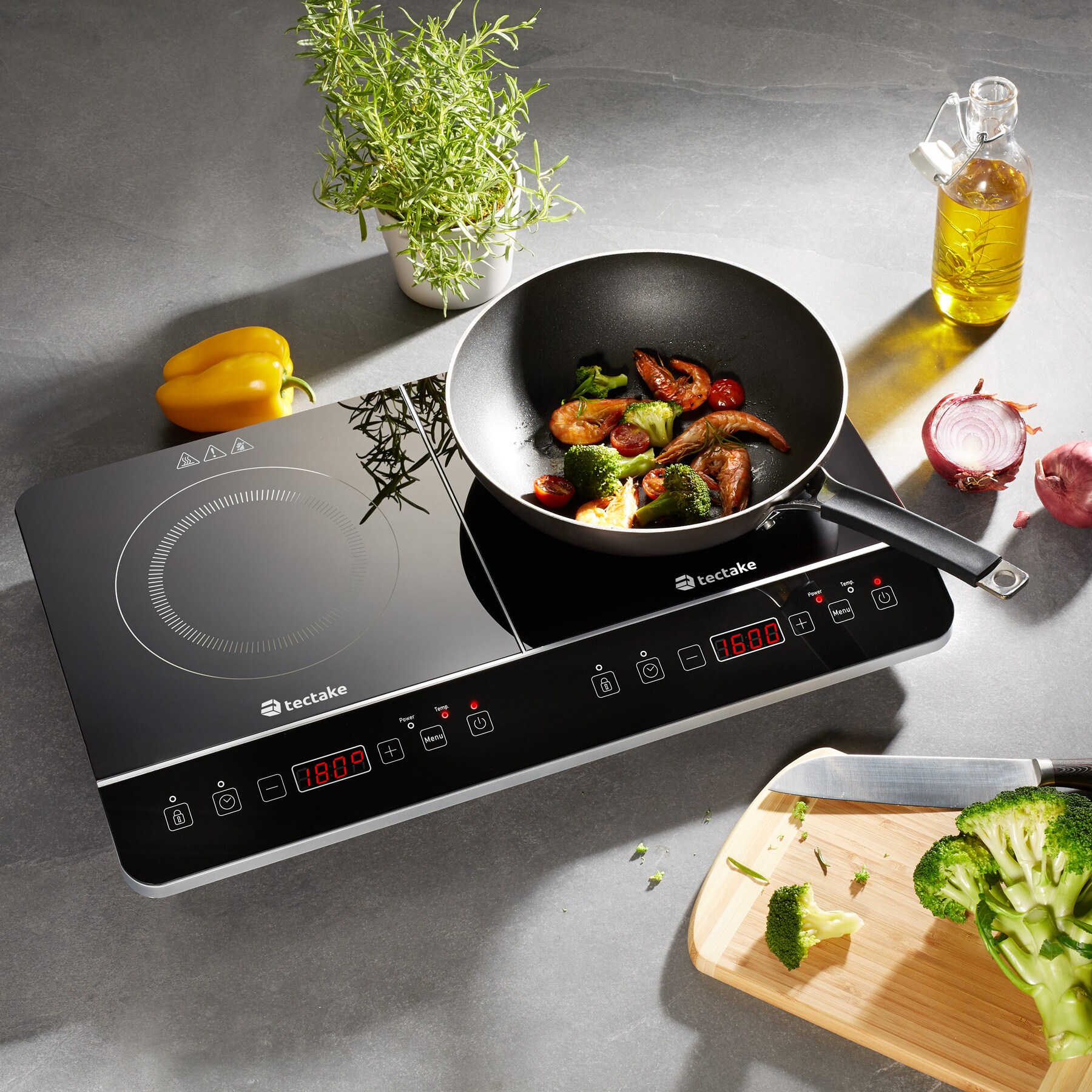 tectake® Induktionskochplatte, doppelt, 3400W, Touch-Display mit 10 Leistungs- und Temperaturstufen, 60 - 240° C, inklusive einstellbarer Tastensperre