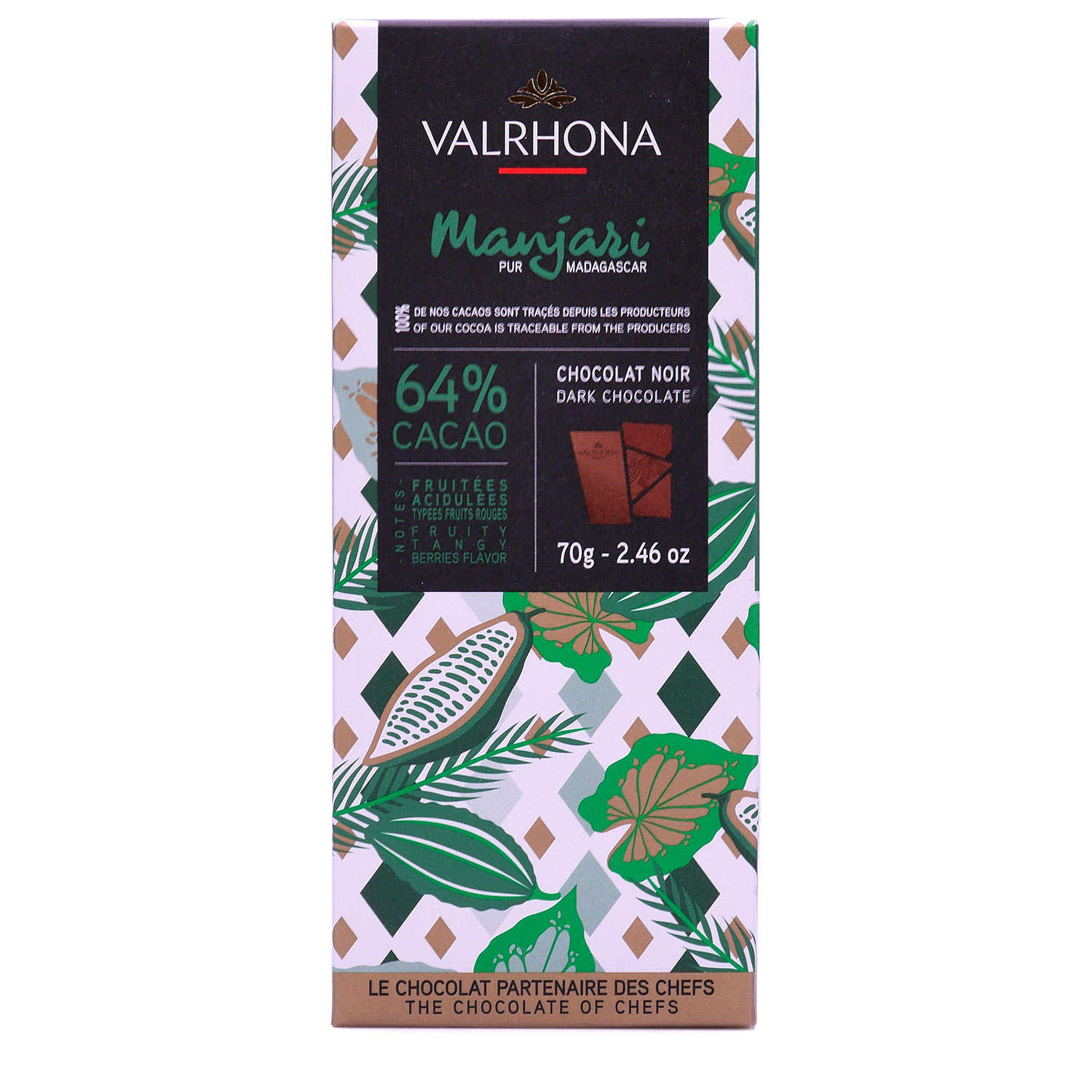 Tablette de chocolat noir Manjari pur Madagascar 64% - Valrhona