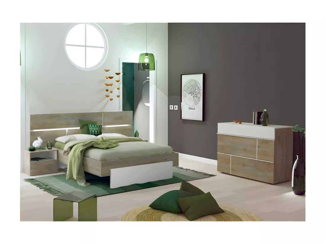 NINO LIGHT - Lit 160x200cm avec Leds et Chevets à Poser + Commode
