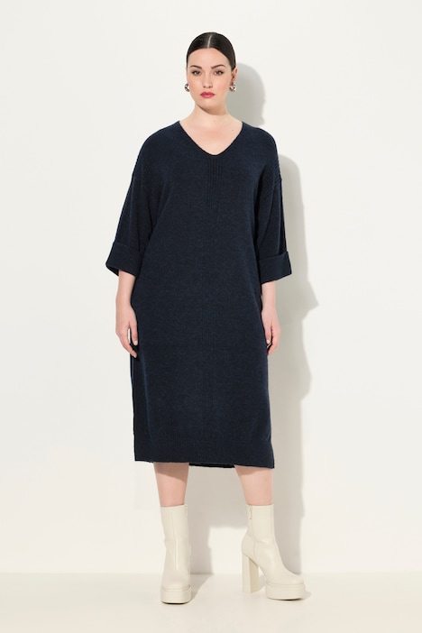 Strickkleid, Rippeinsätze, V-Ausschnitt, Halbarm,