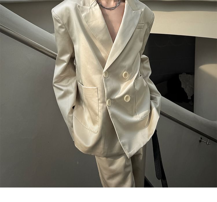 Omozando - Blazer met reverskraag en dubbele rij knopen / Broek met rechte pijpen en effen taille, middelhoge taille