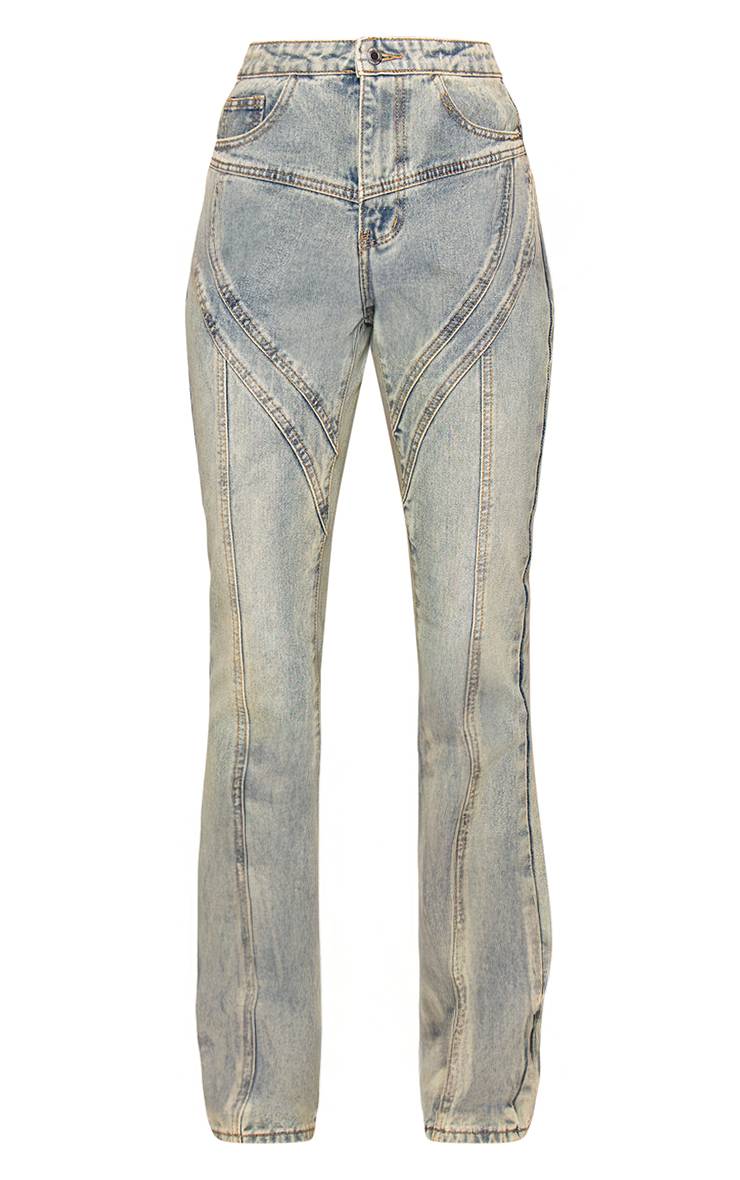 Délavage Vintage Jean Droit Jambes Longues Détail Coutures