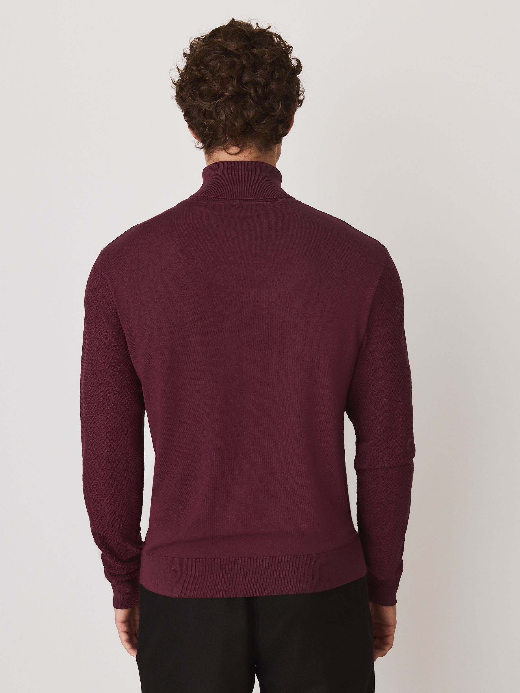 Bordeauxrood - Slim Fit Herringbone Texture Roll Neck Jumper