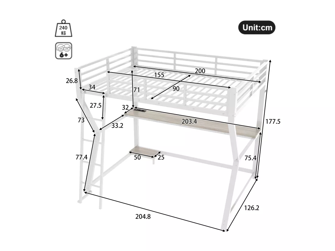 Lit mezzanine 90 x 200 cm avec bureau, prise+USB et étagères - Lumière d'ambiance - Métal - Blanc (sans matelas)