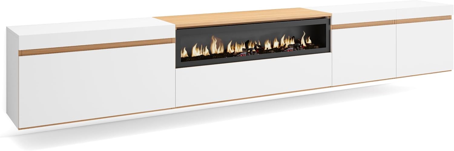 Skraut Home | TV-Schrank, Lowboard | für Wohnzimmer und Esszimmer | 288x45x35 cm | Für großformatiges TV | Elektrokamin. | Hängend | Moderner Stil | Weiß und Eiche Soft