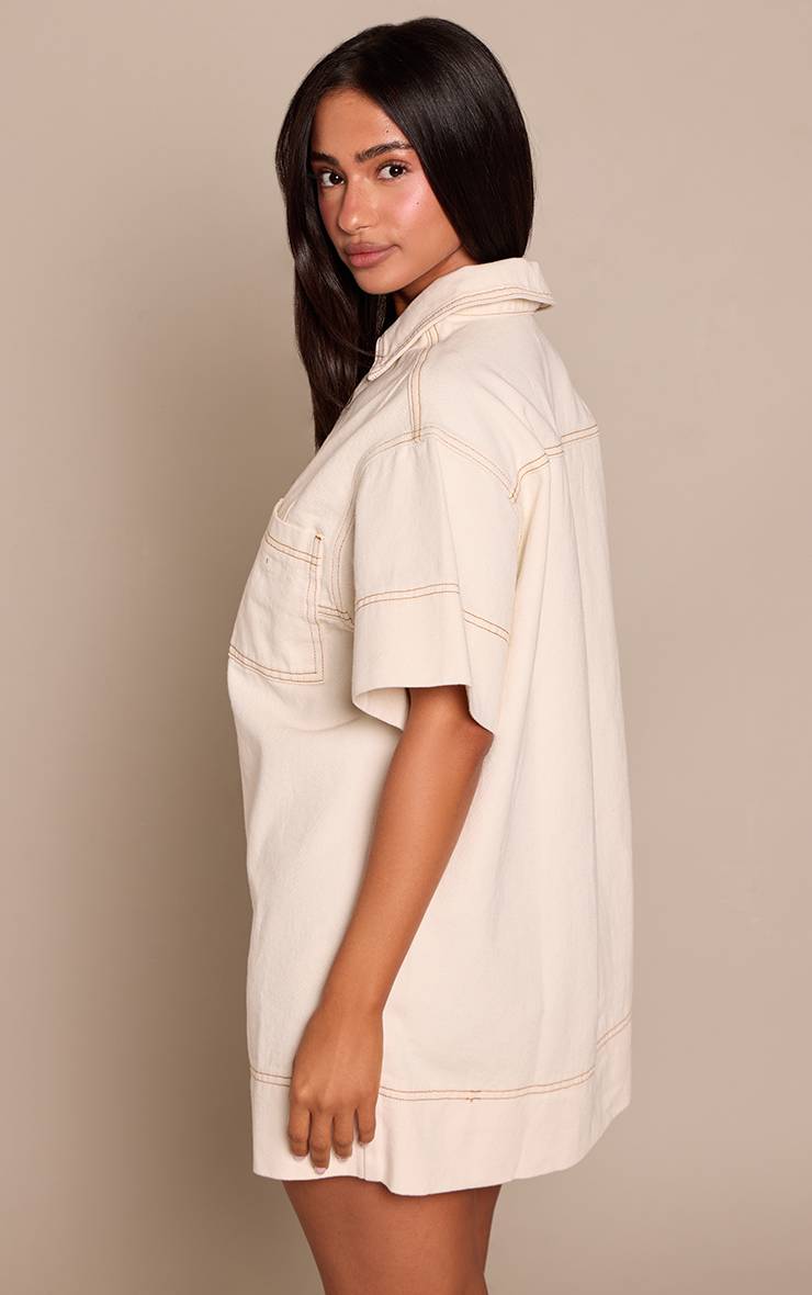 Ecru Robe En Denim À Manches Courtes Avec Coutures Contrastées Petite