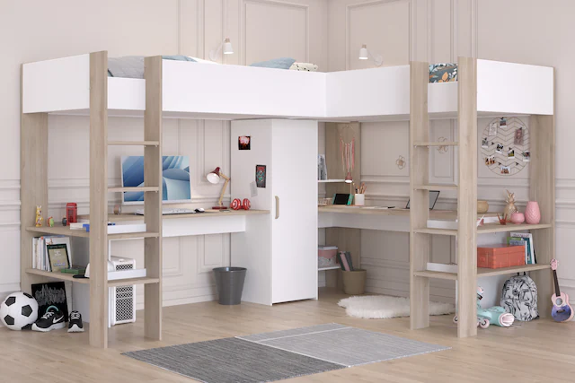 Parisot Hochbett »Alex, für 2 Kinder! Maximaler Stauraum, 2 Schreibtische« Doppeltes Hochbett, all in one Bett für 2!