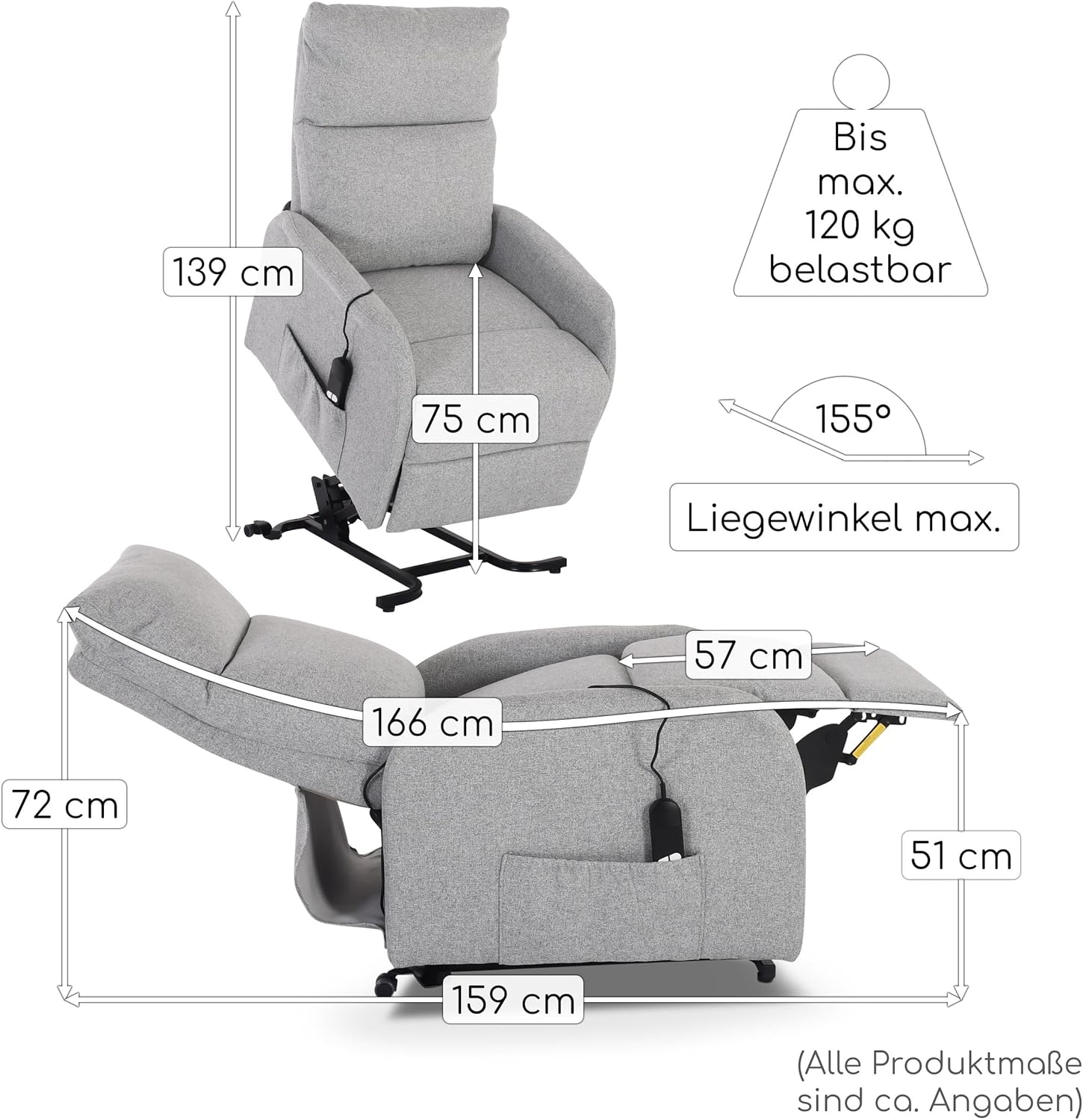 Raburg Fernsehsessel mit Aufstehhilfe, Relaxsessel mit Liegefunktion, elektrisch mit Fernbedienung, 1 Motor, Komfort-Polsterung, bis 120 kg, Mikrofaser, Ada, Hellgrau