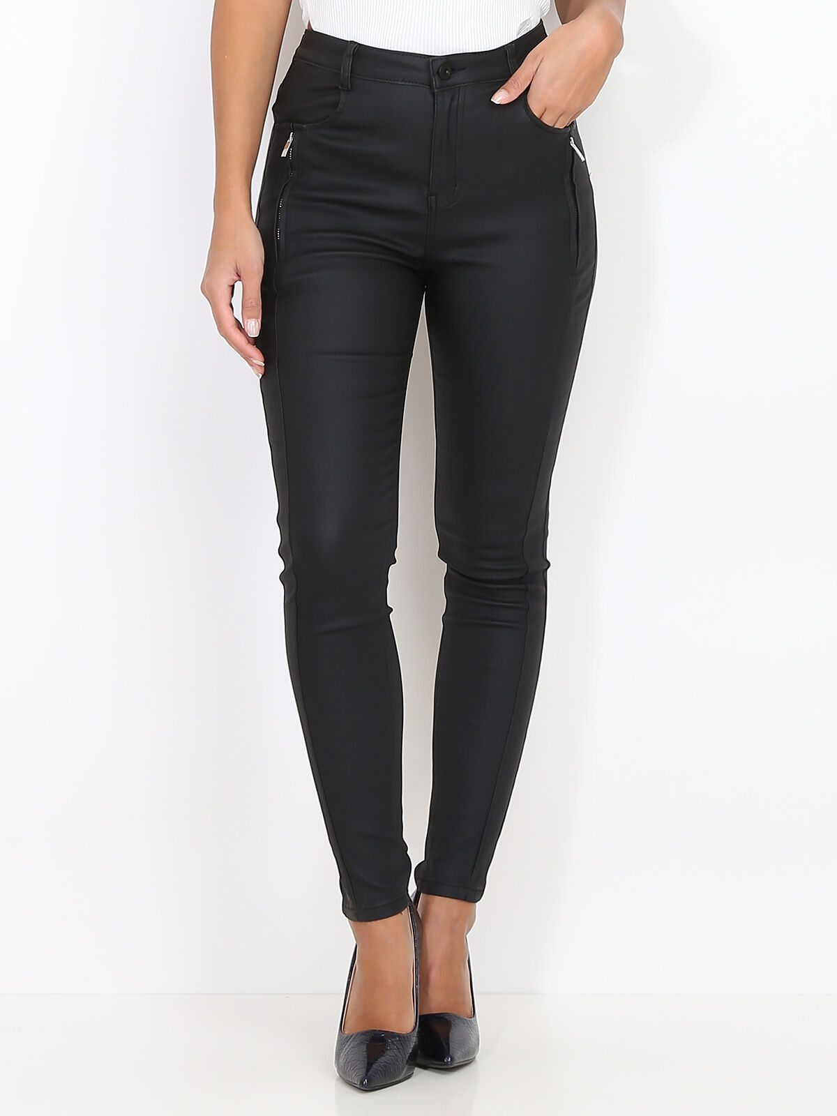 Pantalon moulant enduit et zippé- Noir