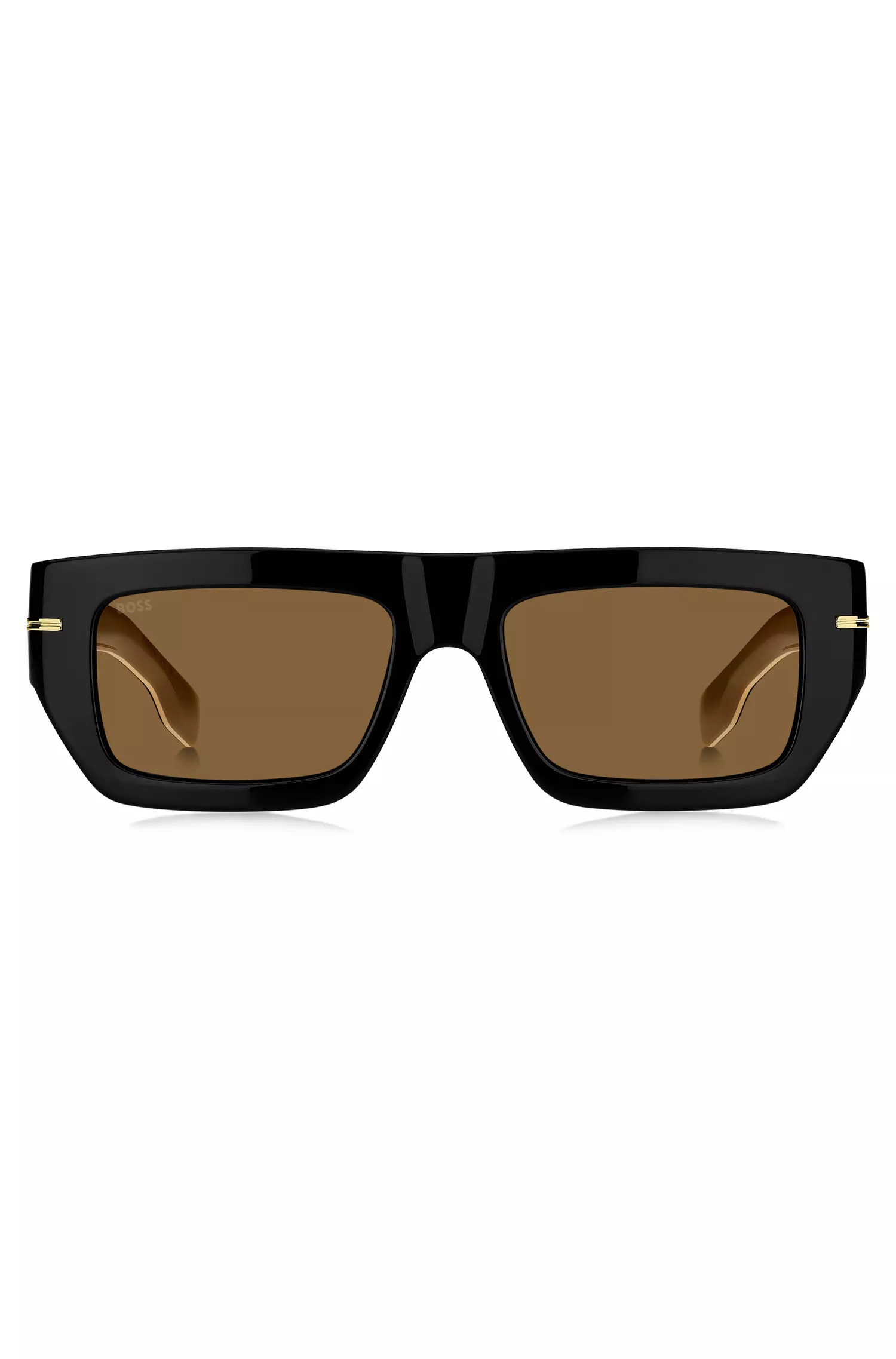 Óculos de sol BOSS em acetato preto com detalhes dourados exclusivos.