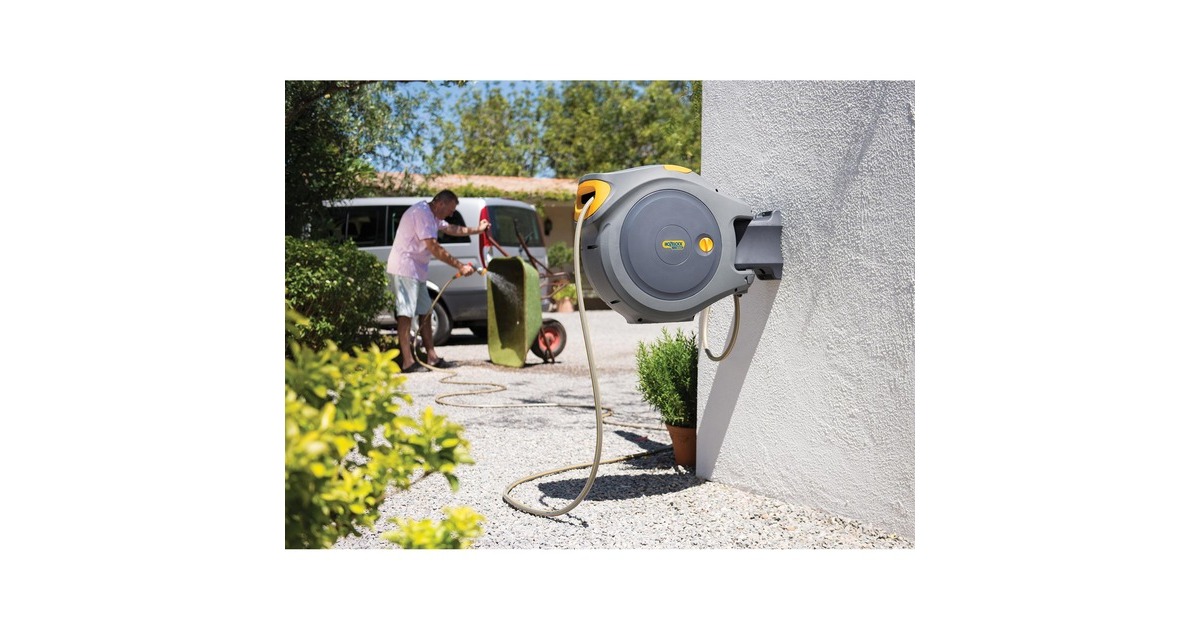 Hozelock2597 Flowmax Auto Reel Muurhaspel met 30 m slang slanghaspel  (Grijs/geel)