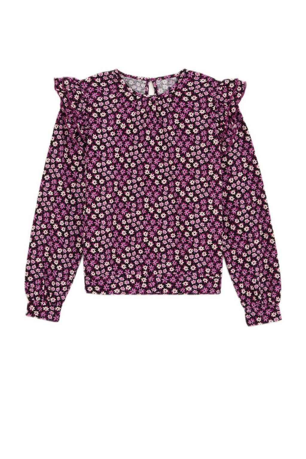 WE Fashion gebloemde longsleeve roze/donkerpaars/ecru