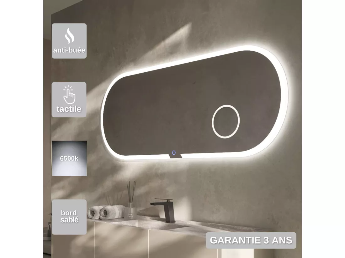 Miroir Salle de Bain INDIANA - 100x60cm - T° Led Frontal Variable - Anti-Buée & Zone Grossissant X3 - LEDIMEX
