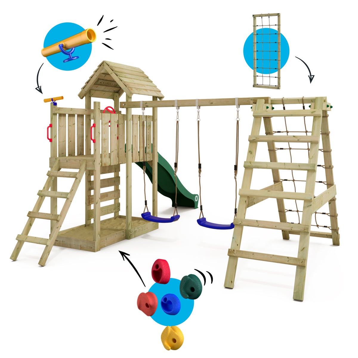 WICKEY RocketFlyer speeltoren klimtoestel met schommel en glijbaan, klimtoren met zandbak, klimuitbreiding en speelaccessoires - groen