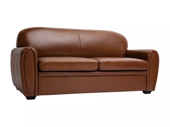 Canapé convertible vintage 3 places cuir marron et bois noir avec matelas 9 cm CLUB