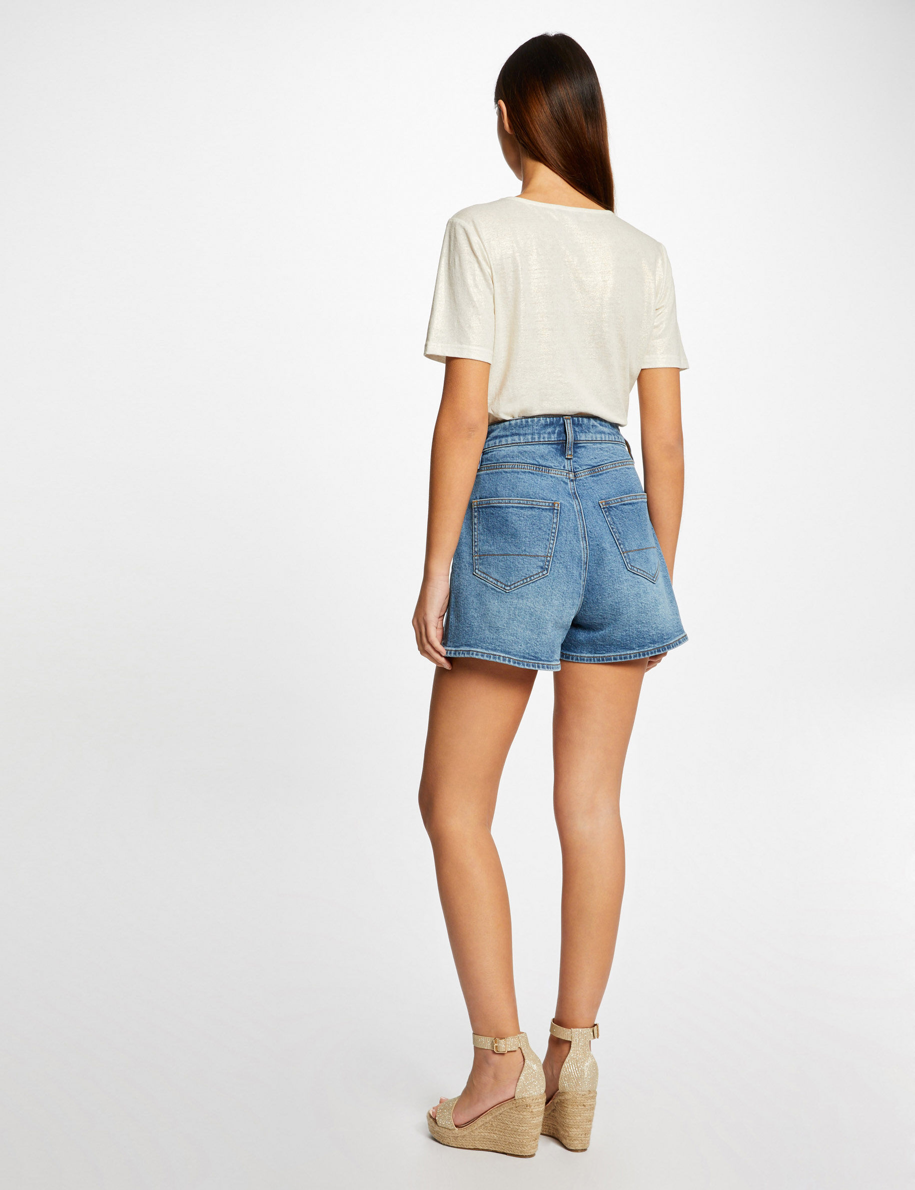 T-shirt manches courtes col en V ecru femme - ecru