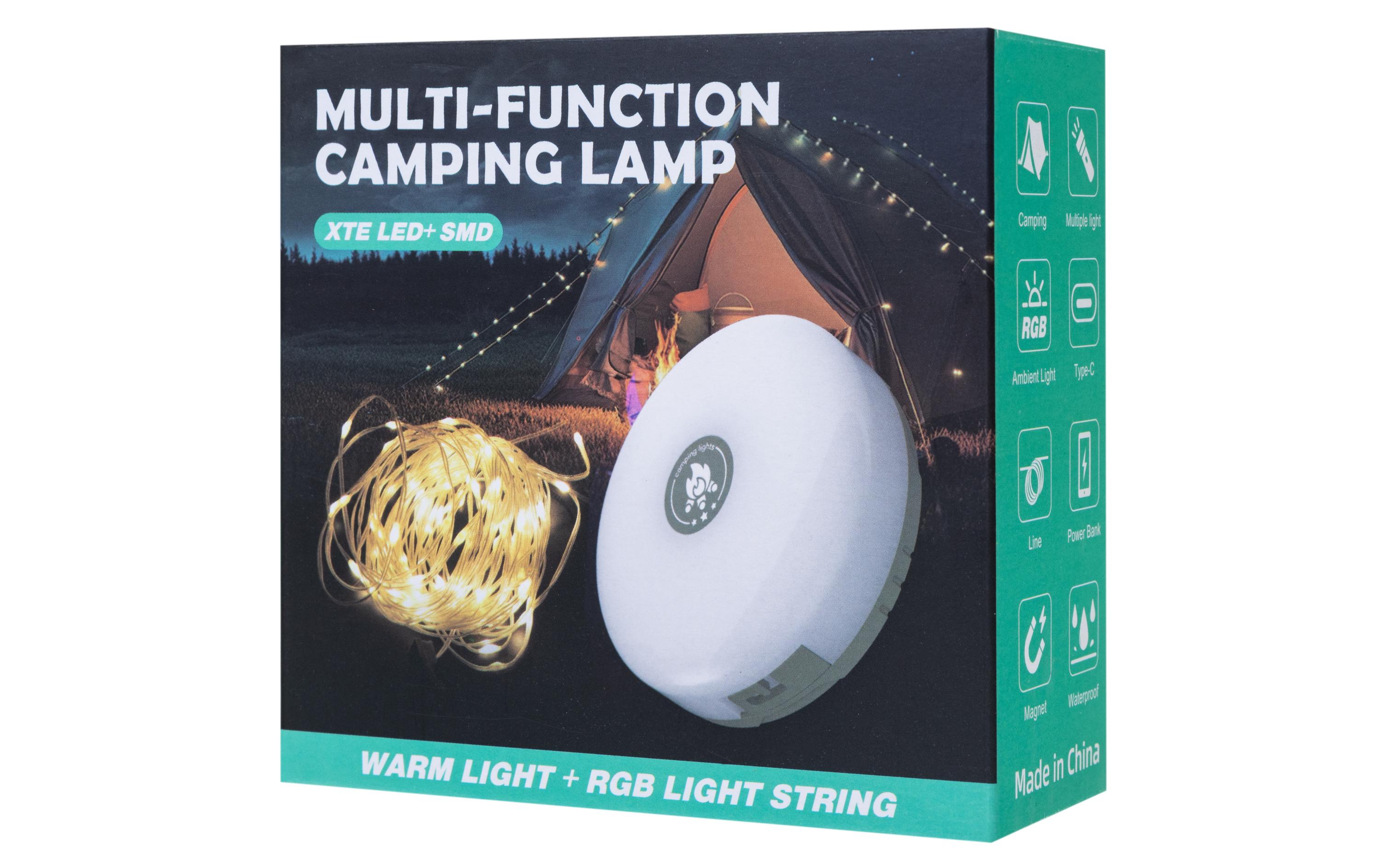 Campinglampe RGB mit PowerbankLED-Campinglampe mit warmweissem und farbigem Licht