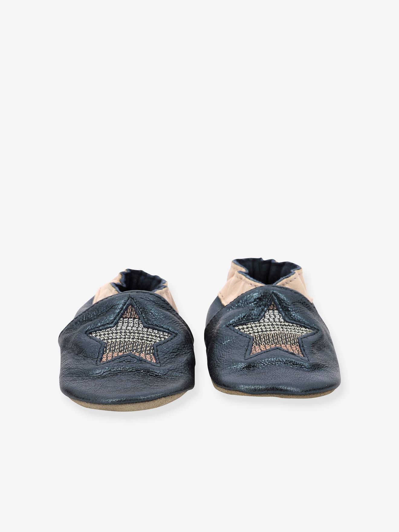 Pantufas de couro leve ROBEEZ© com listras de estrelas, azul marinho para bebês