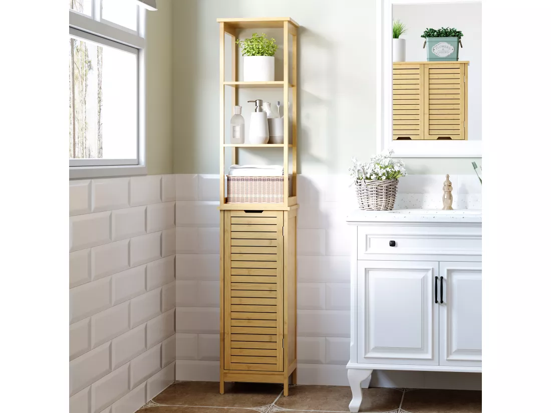 Meuble colonne rangement salle de bain style cosy dim. 34L x 30l x 173H cm porte à lattes 3 étagères bambou MDF aspect bois clair