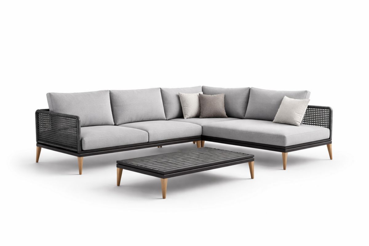 Garten Ecksofa Set mit Couchtisch Aluminium und Kunststoffgeflecht Grau Schwarz