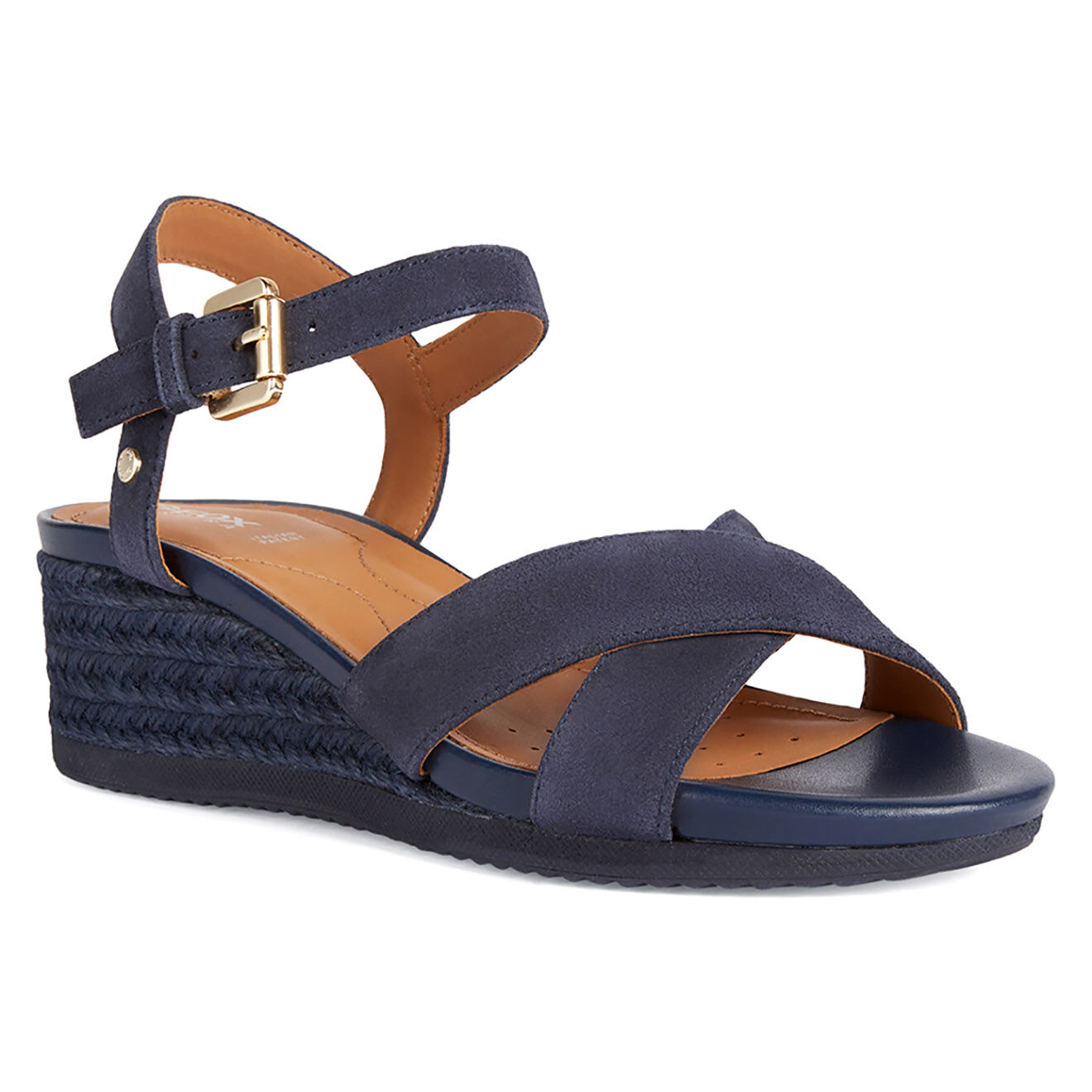 Geox Sandales en Velours de Cuir compensées Ischia bleu marine - Talon 6 cm