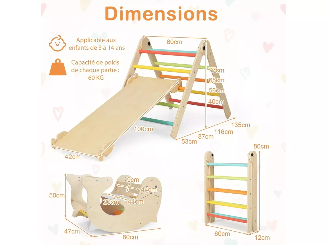7 en 1 Triangle d'escalade Montessori Pliable avec Rampe Réversible & Chaise à Bascule Otarie, Arche d'escalade en Bois avec Hauteur Réglable, Charge 60kg pour Enfants de 3-14 Ans (Coloré)