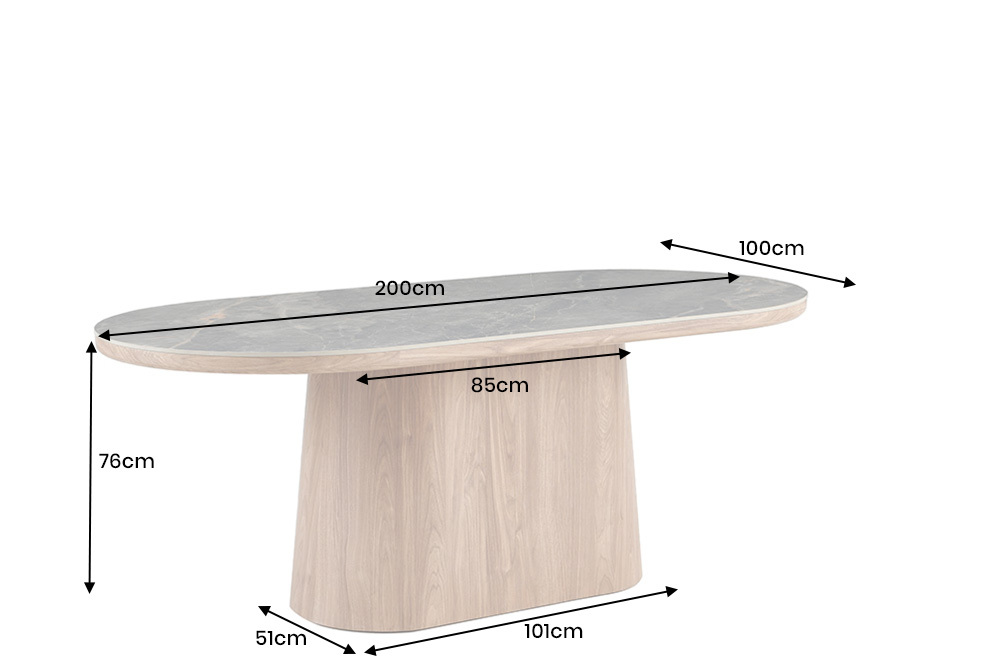 Ovaler Esstisch UNIQUE 200cm weiß natur Keramik Eiche Säulenfuß