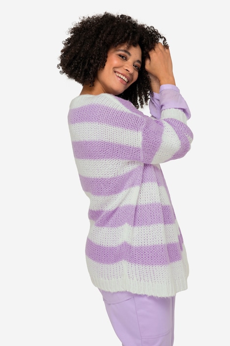 Strickjacke, oversized, Blockstreifen, offene Form, V-Ausschnitt, Langarm