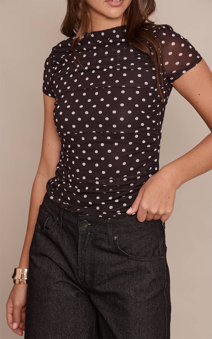 Noir Top Ajusté En Mesh À Pois À Manches Courtes