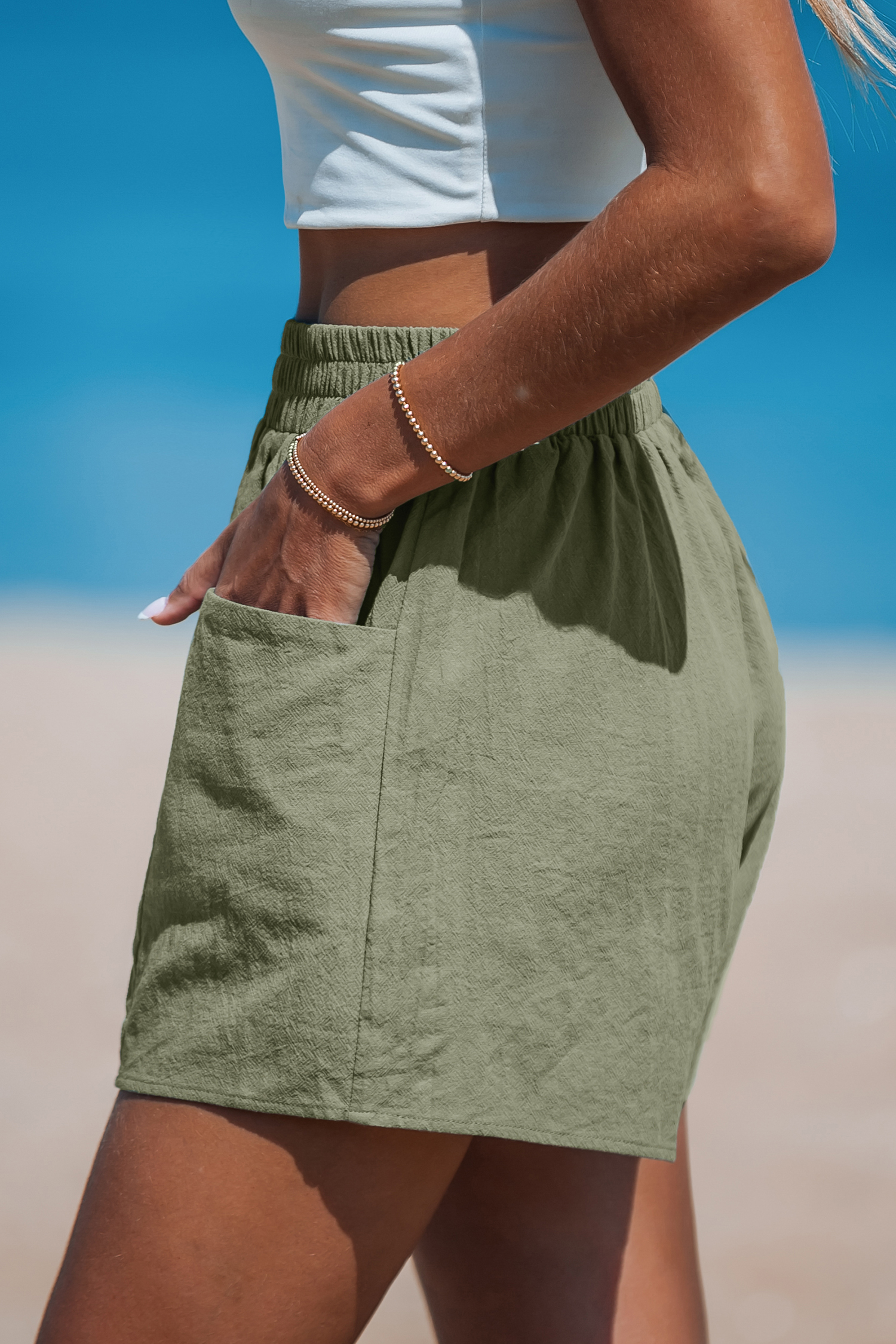 Short ample en pur coton avec taille élastique et poches vert