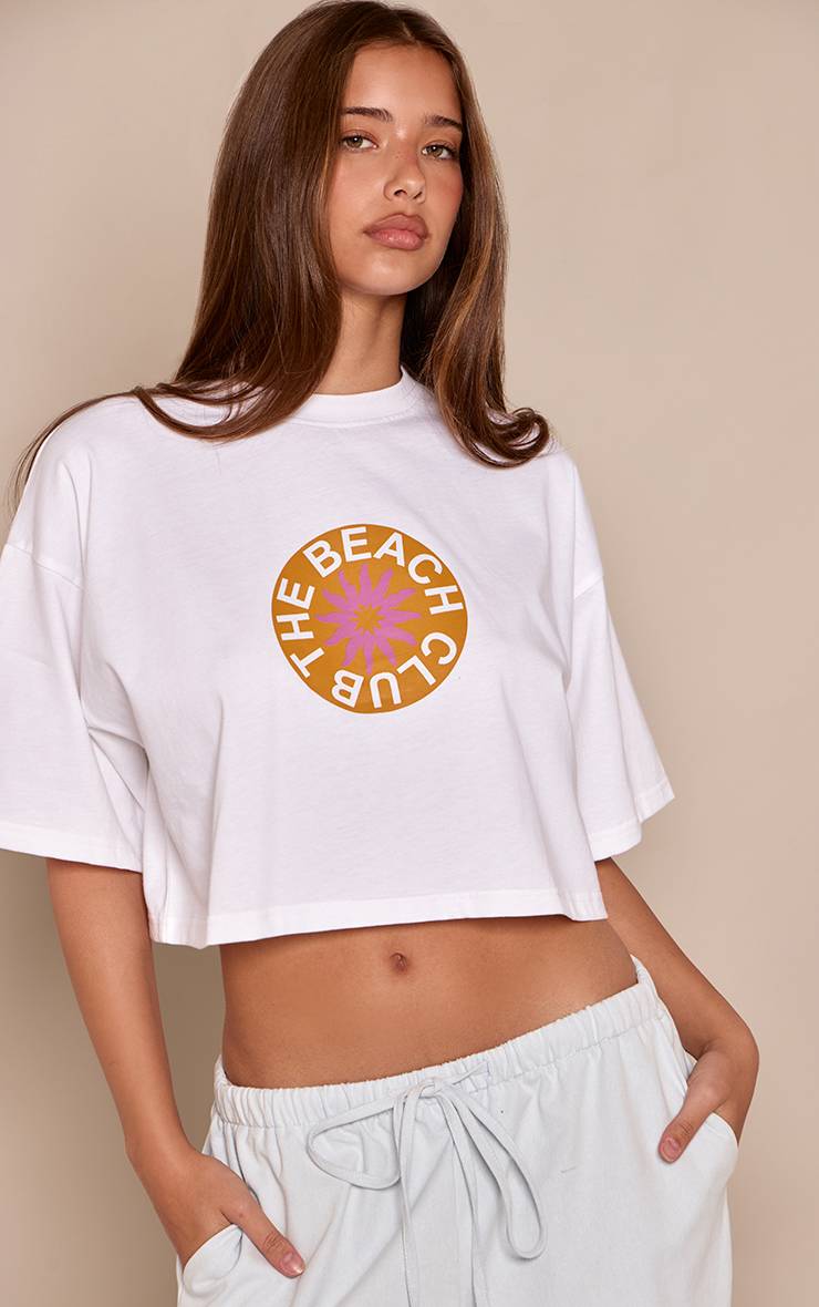 Blanc T-shirt Court Imprimé Beach Club En Coton