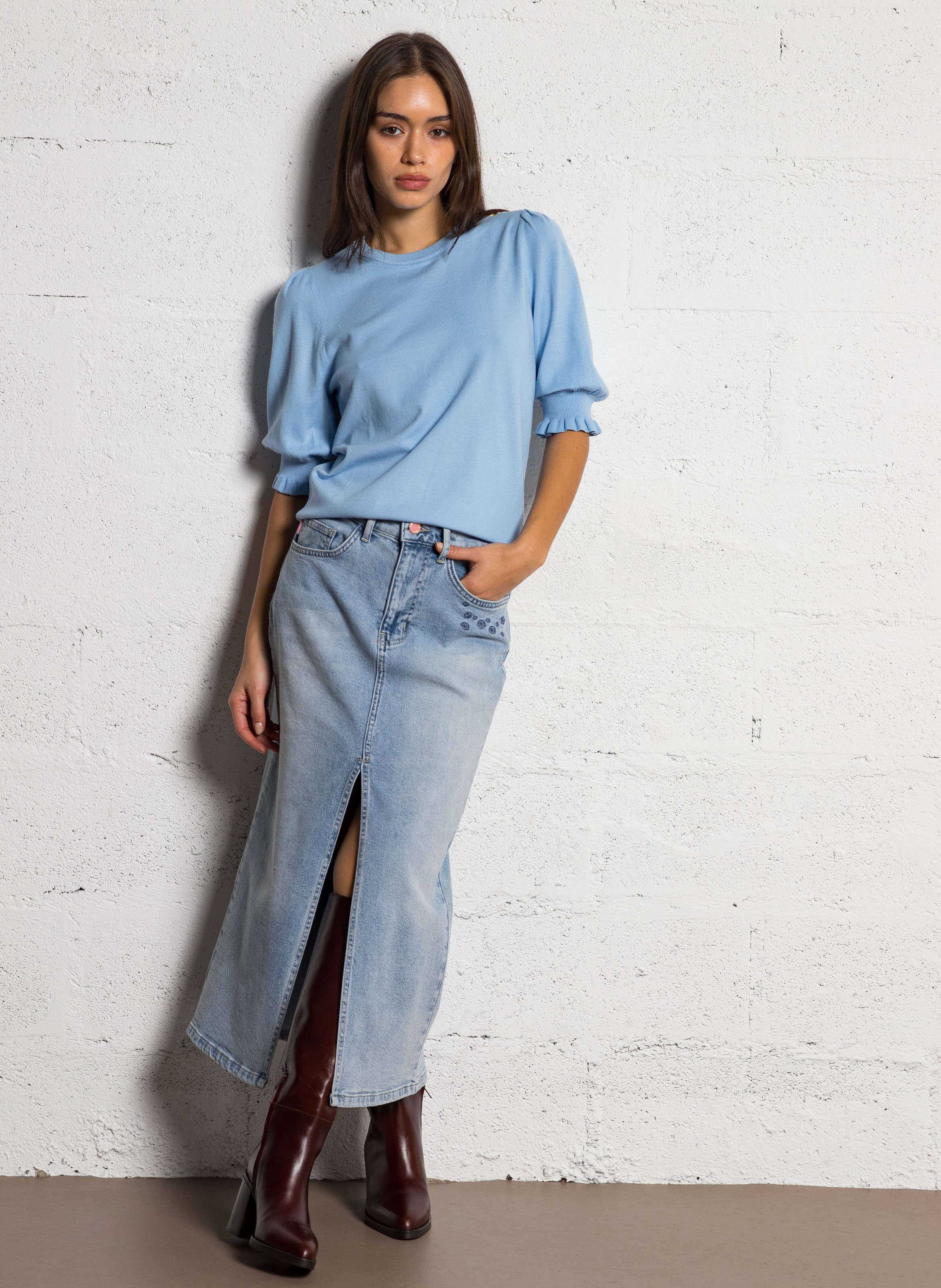 CARLYNE - Jupe midi droite en jean | Bleu