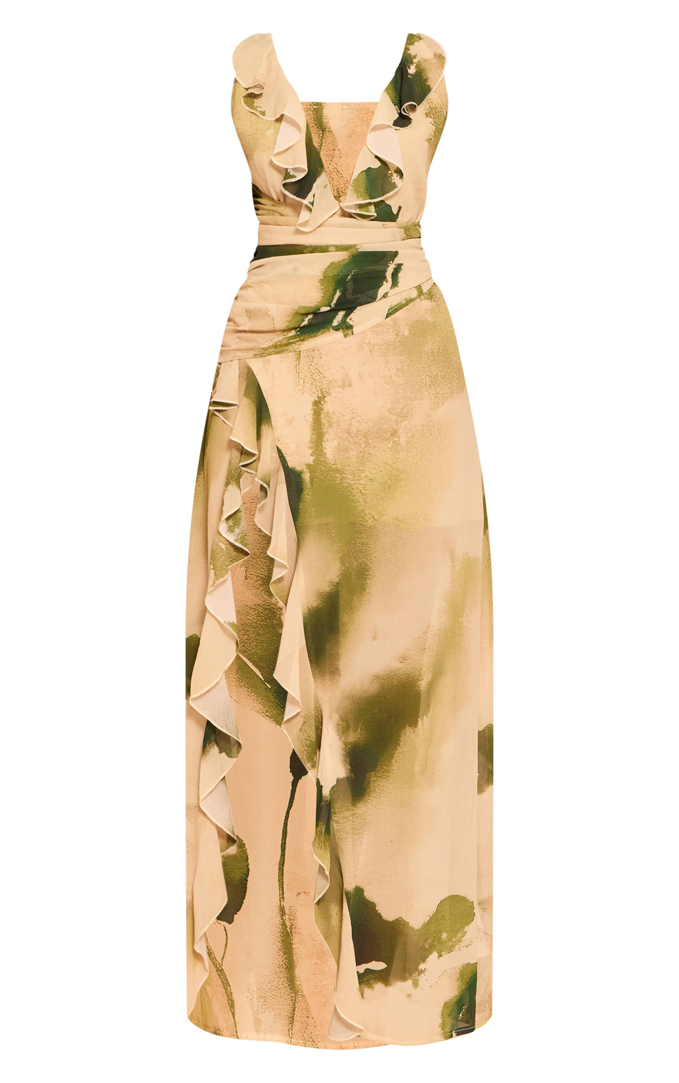 Vert Robe Longue À Bretelles À Volants En Mousseline Fleurie Avec Décolleté Plongeant